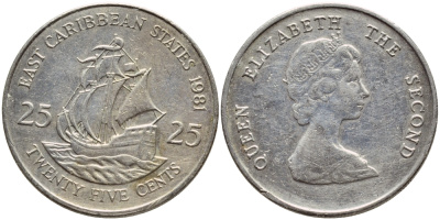 Восточно-Карибские штаты 25 центов 1981 Елизавета II (1952-2022), парусник KM 14 медно-никель 87-447