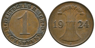ГЕРМАНИЯ 1 РЕЙХСПФЕННИГ 1924 J KM 37, J.313 бронза 4380-1111