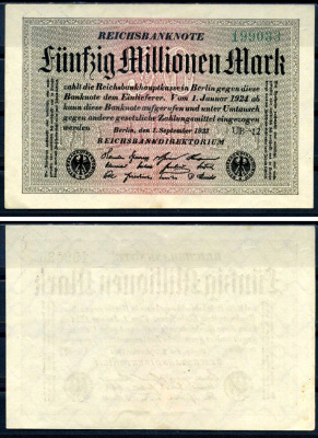 Германия 50000000 марок 1923 1 сентября 1923 Pick 109 f бумага 8590-41-2-1