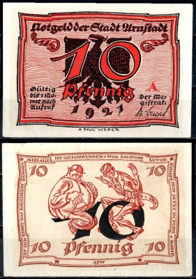 Арнштадт (Тюрингия) 10 пфеннигов 1921 Mehl Grabowski 43.1-1/6 бумага UNC (пресс) 7556-43-1-1