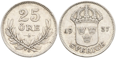 Швеция 25 эре 1937 G, Густав V (1907-1950) KM 785 серебро 4147-942