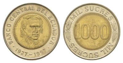 Эквадор 1000 сукре 1997 70 лет Центробанку KM 103 биметалл UNC 4641-745