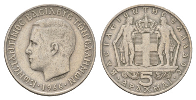 Греция 5 драхм 1966 Константин II (1964-1973) KM 91 медно-никель 4707-437