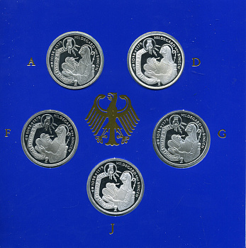 ФРГ набор из 5 штук по 10 марок 1998 A, D, F, G, J, 900 лет со дня рождения Хильдегарда Бингенская KM 193 серебро PROOF 6-5-2-2