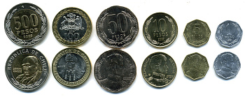Чили лот из 6 монет 1999-2009 (1, 5, 10, 50, 100, 500 песо), 2 монеты биметалл UNC M77-09