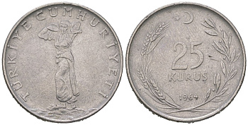Турция 25 курушей 1964 KM 892.2 нержавеющая сталь 4620-454