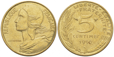 ФРАНЦИЯ 5 САНТИМОВ 1996 ТИП MARIANNE KM 933 медь алюминий никель 3309-1048