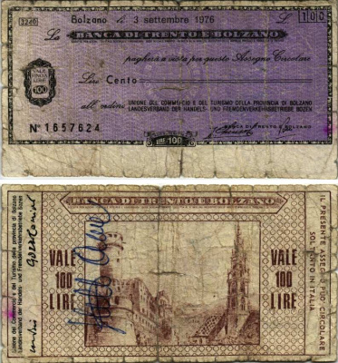 Италия 100 лир 1976 3 сентября 1976, Banco Di trento e bolzano бумага 7222-66-1-1