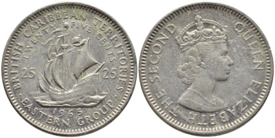 Британские Восточно-Карибские территории 25 центов 1965 Елизавета II (1952-2022), парусник KM 6 медно-никель 80-551