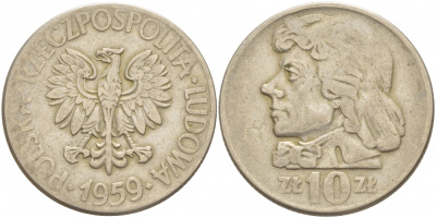 Польша 10 злотых 1959 MW, Тадеуш Костюшко, первый год KM 50 медно-никель 4536-1223