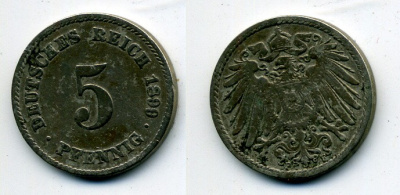 ГЕРМАНИЯ 5 ПФЕННИГОВ 1899 F, KM 11, J. 12 медно-никель 58-323