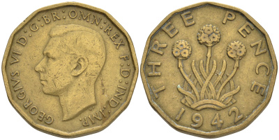 Великобритания 3 пенса 1942 Георг VI (1936-1952) KM 849, Spink 4112 никель латунь 4561-557