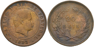 Португалия 20 реалов (рейсов) 1892 Карлуш I (1889-1908) KM 533 бронза 4587-824