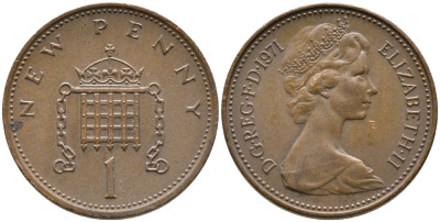 Великобритания 1 пенни 1971 Елизавета II (1952-2022) KM 915, Spink 4237 (B1) бронза 100-545