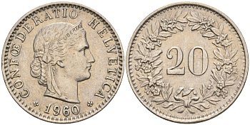 Швейцария 20 раппенов 1960 B KM 29a медно-никель 4606-753