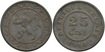 Бельгия 25 сантимов 1915 германская оккупация Первая мировая война, Альберт I (1910-1934) KM 82 цинк 4157-426