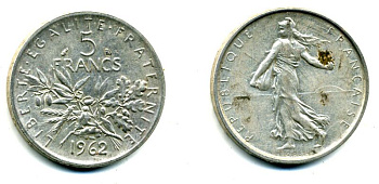 Франция 5 франков 1962 сеятель KM 926, LE FRANC 340.6 серебро 37-916