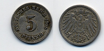 Германия 5 пфеннигов 1908 A KM 11, Jager 12, Weege 6 медно-никель 84-1663