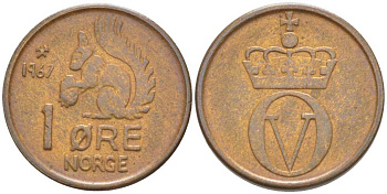 НОРВЕГИЯ 1 ЭРЕ 1967 БЕЛКА, ОЛАФ V (1957-1991) KM 403 бронза 3309-718