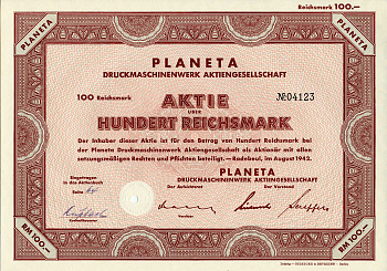 Германия 100 рейхсмарок 1942 АО Книгопечатные машины и оборудование Planeta, акция   бумага  8803-24-1