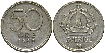 Швеция 50 эре 1950 TS, Густав V (1907-1950) KM 817 серебро 202-617