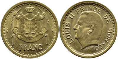 Монако 1 франк 1945 Луи II (1922-1949) KM 120 a алюминиевая бронза 4393-1255