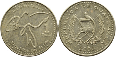 Гватемала 1 кетсаль 2000 маленькие буквы KM 284 латунь 4389-436