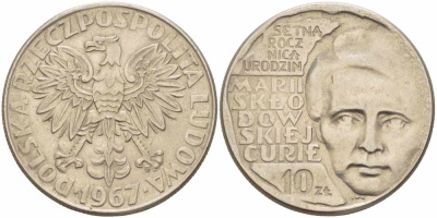 Польша 10 злотых 1967 MW, 100 лет со дня рождения Марии Склодовской-Кюри KM 59 медно-никель 109-613