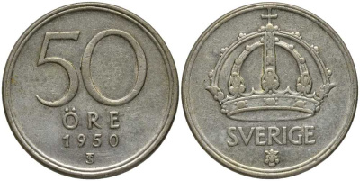 Швеция 50 эре 1950 TS, Густав V (1907-1950) KM 817 серебро 202-617