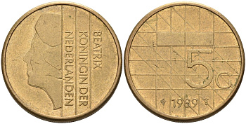 Нидерланды 5 гульденов 1989 Беатрикс (1980-2013) KM 210 никель плакированный бронзой 4584-223