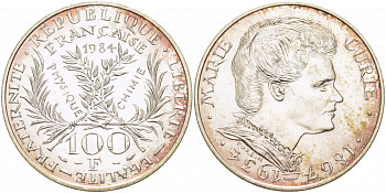 Франция 100 франков 1984 50 лет со дня смерти Марии Кюри KM 955 серебро UNC 1074-6-54