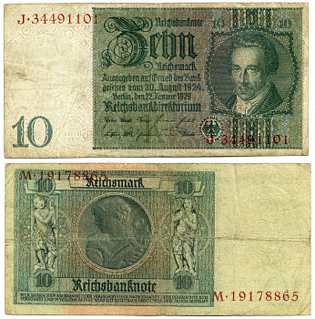 Германия 10 рейхсмарок 1929 Альбрехт Д. Тэер, буква K, серия J Pick 180a, Ros. 173е  бумага 3295-63-3