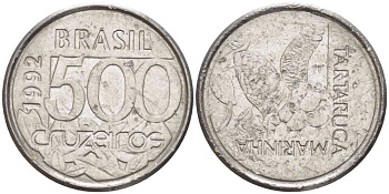 Бразилия 500 крузейро 1992 морская черепаха KM 624 нержавеющая сталь 4396-431