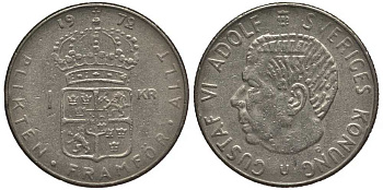 Швеция 1 крона 1972 U, Густав VI Адольф (1950-1973) KM 826а медь плакированная медно-никелем 113-814