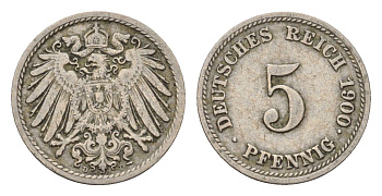 Германия 5 пфеннигов 1900 D, Вильгельм II (1888-1918) KM 11, J. 12 медно-никель 4632-1119