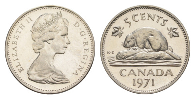 Канада 5 центов 1971 Елизавета II (1952-2022), бобр KM 60.1 никель PROOF-LIKE (BU) 4630-939