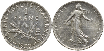 ФРАНЦИЯ 1 ФРАНК 1920 СЕЯТЕЛЬ KM 844.1 серебро 46-1245