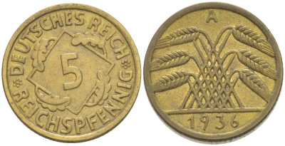 ГЕРМАНИЯ 5 РЕЙХСПФЕННИГОВ 1936 A KM 39, J. 316, Weege 7 алюминиевая бронза 206-818