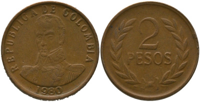 Колумбия 2 песо 1980 KM 263 бронза 4538-211