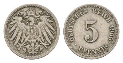 Германия 5 пфеннигов 1900 D, Вильгельм II (1888-1918) KM 11, J. 12 медно-никель 4632-1119