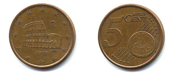 ИТАЛИЯ 5 ЕВРОЦЕНТОВ 2002 KM 212 сталь плакированная медью 29-1213