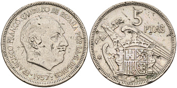 Испания 5 песет 1957 (73) 1957 год, Франсиско Франко (1939-1975) KM 786 медно-никель    4143-221