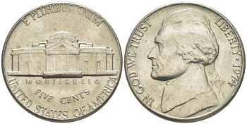 США 5 ЦЕНТОВ 1974 ДЖЕФФЕРСОН KM А192 медно-никель 217-1115