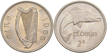 Ирландия 1 флорин 1966 лосось KM 15a медно-никель UNC 4583-421