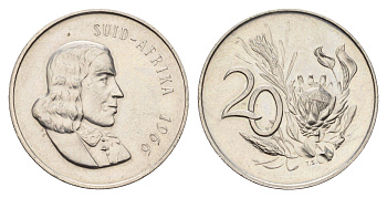 ЮАР 20 центов 1966 Ян ван Рибек (1619-1677), Suid Africa, легенда на африкаанс, цветок протея KM 69.2 медно-никель UNC 4678-1026