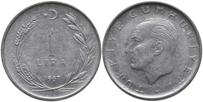 Турция 1 лира 1967 Мустафа Кемаль Ататюрк KM 889а.2 нержавеющая сталь 4541-1236