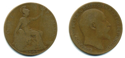 Великобритания 1 пенни 1909 Эдуард VII (1901-1910) KM 794.2, Spink 3990 бронза 47-735