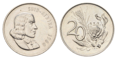 ЮАР 20 центов 1966 Ян ван Рибек (1619-1677), Suid Africa, легенда на африкаанс, цветок протея KM 69.2 медно-никель UNC 4678-1026