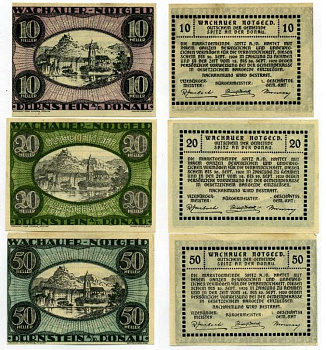 Австрия, Дюрнштайн-ан-дер-Донау набор из 3 банкнот 10, 20, 50 геллеров 1920 30 сентября 1920, нотгельд, земля Нижняя Австрия   бумага  UNC (пресс) 7555-29-1-1