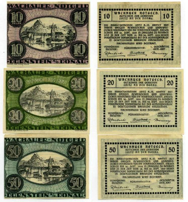 Австрия, Дюрнштайн-ан-дер-Донау набор из 3 банкнот 10, 20, 50 геллеров 1920 30 сентября 1920, нотгельд, земля Нижняя Австрия   бумага  UNC (пресс) 7555-29-1-1